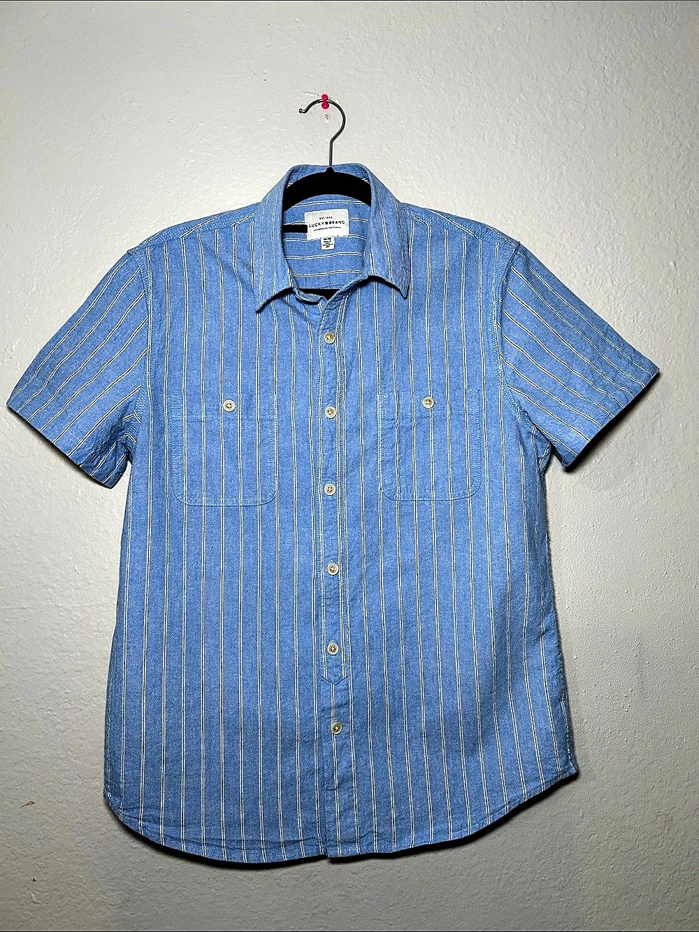 Lucky Brand Striped Short Sleeve Shirt in Blue Size Medium